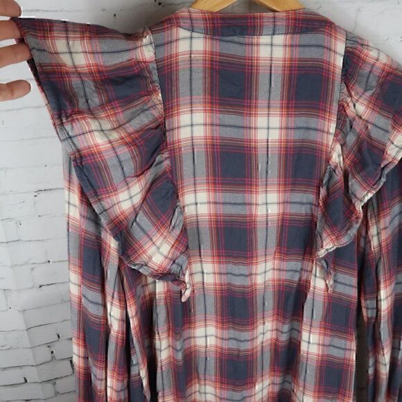 MOSSIMO SUPPLY COMPANY RED BLUE PLAID V NECK RUFFLE LONG SLEEVE BUTTON DOWN TOP - Picture 9 of 9